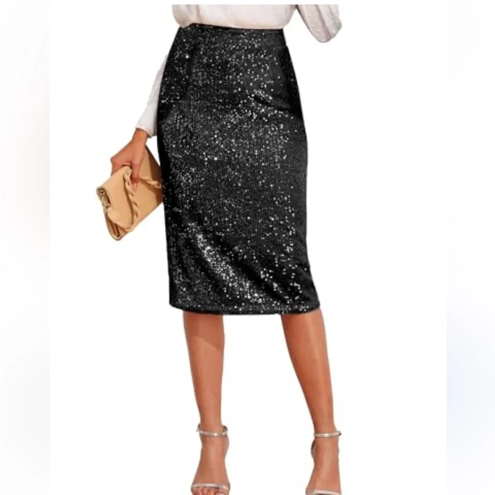 Herve Leger Black Sequin Knee-Length Pencil Skirt